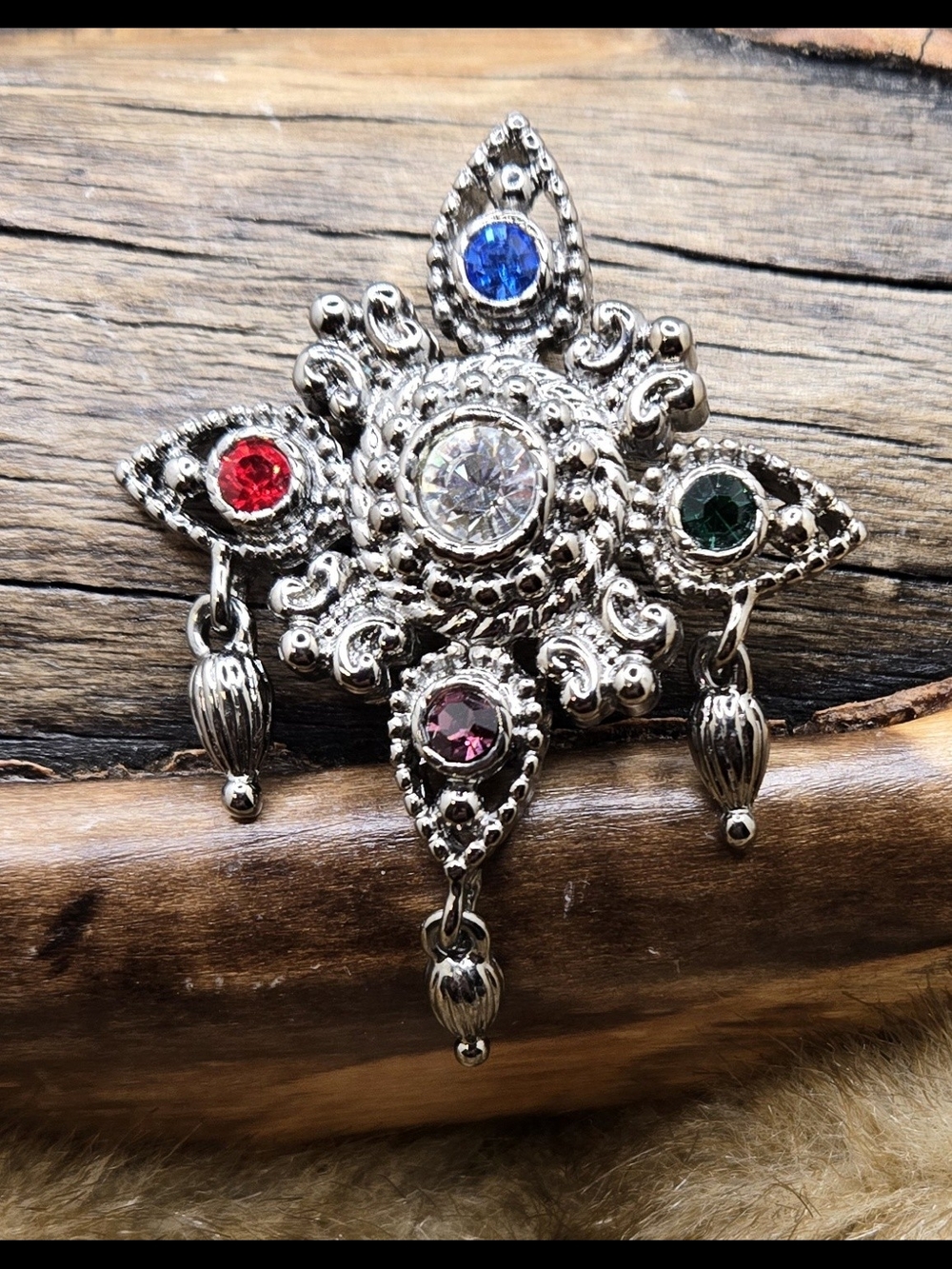 Bob Mackie Brooch Silver Tone w/ Multicolor Crystal 2" X 2¼"
